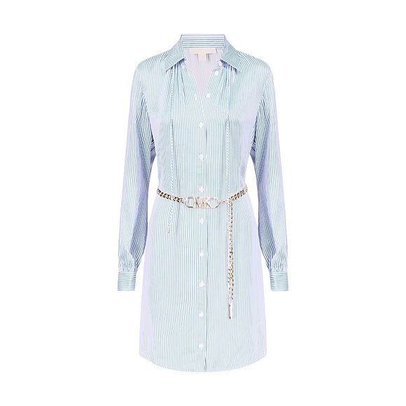 MICHAEL Michael Kors Blueberry Pinstripe Logo Gold Belted Minidress Size S NWT - Picture 3 of 12